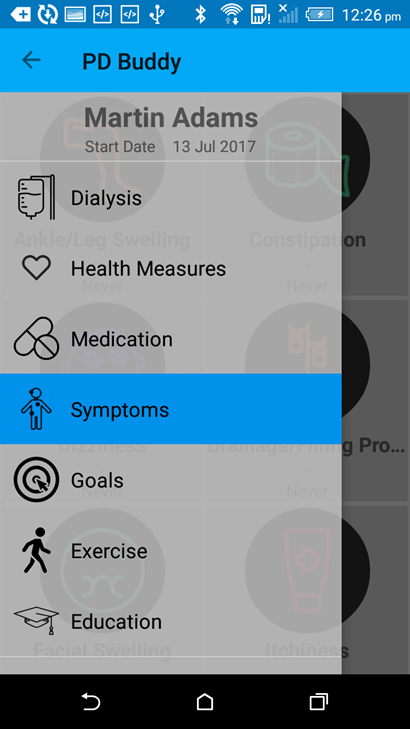 A screenshot of the PD Buddy mobile health platform to support people on peritoneal dialysis.
