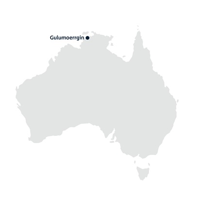 A map of the Australian landmass. In the north of the country is a drop-pin labelled 'Gulumoerrgin'.