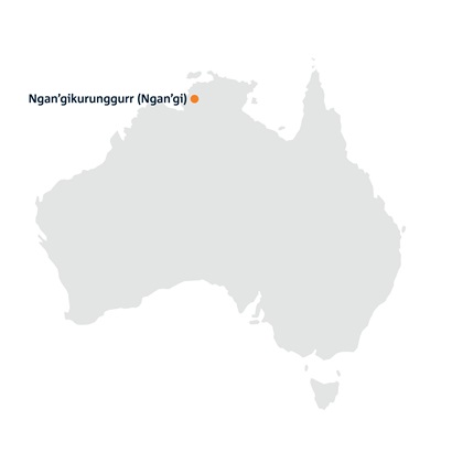 A map of the Australian landmass. In the north-west of the country is a drop-pin labelled 'Ngan'gikurunggurr (Ngan'gi)'.