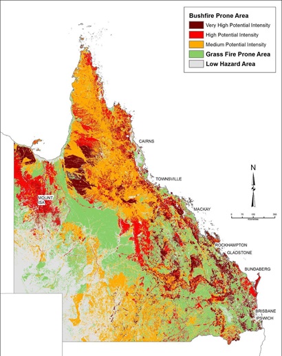 Map of Queensland showing fire-prone areas