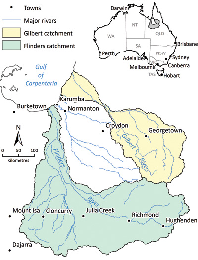 Map of the Flinders and Gilbert Agricultural Resource Assessment location showing the Flinders and Gilbert catchment areas