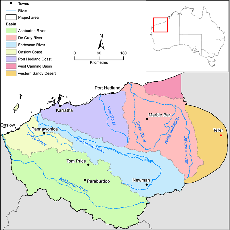 A map of the Pilbara water resource assessment area.