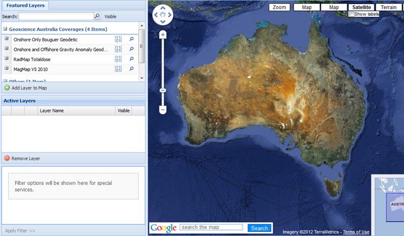 Data selection screen from Virtual Geophysics Laboratory showing a list of available data sets and a map of Australia.