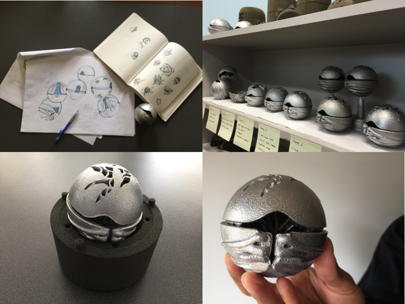 A collage of four pictures. Top left is the sketchings of the CSIRO Ball. Top right is a shelf full of CSIRO Ball prototypes, Bottom left is the CSIRO Ball sitting on top of a sand mould casting, and bottom right is the finished product of the CSIRO Ball.