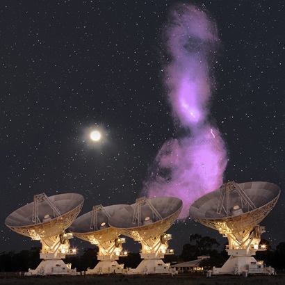 A radio telescope in the foreground with a dark starry sky in the background
