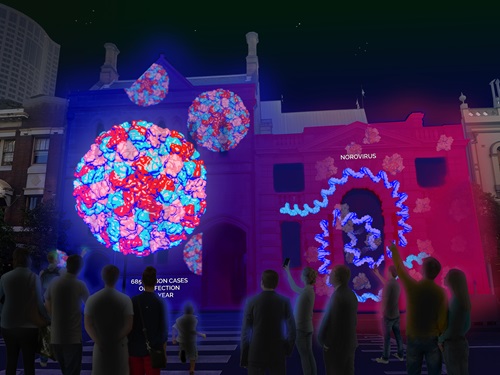 Coloured renderings of diseases and viruses projected onto the side of a building during the Vivid light installation. 