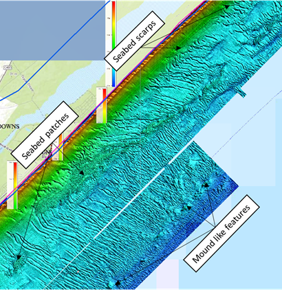 A LiDAR image of the north-eastern section showing the dune-like features seabed patches, scarps and small mound features.