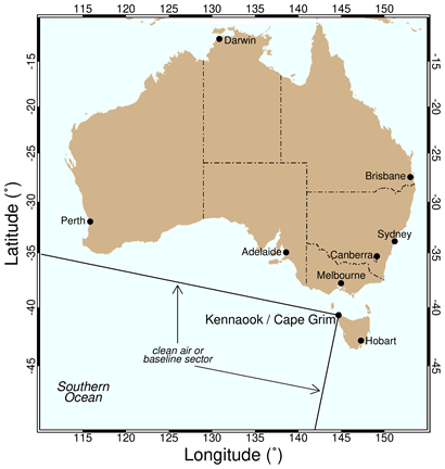 Map of Australia with the Cape Grim air sampling station identified.