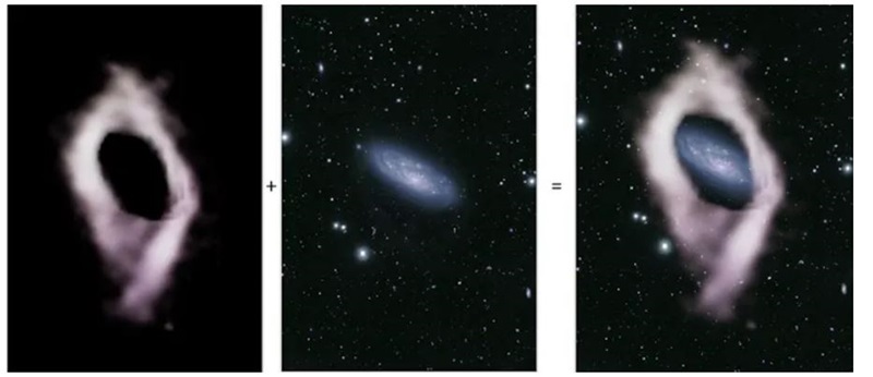 A trio of images depicting the hydrogen ring around a galaxy.