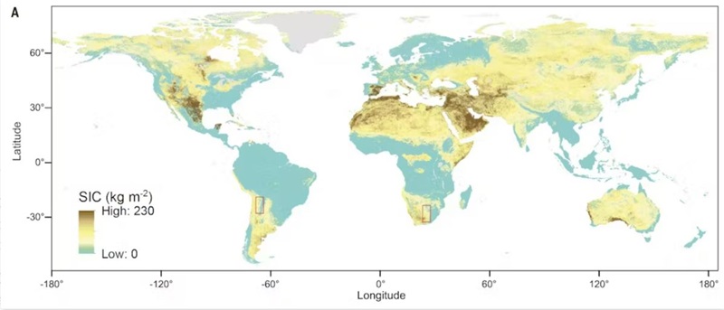 The global distribution of inorganic carbon in the top 2 metres of soil. 