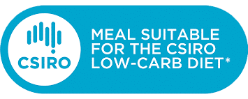 A blue label with the CSIRO icon which says Meal Suitable for the CSIRO Low-Carb Diet