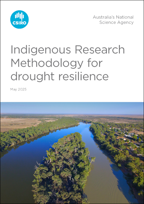 The cover of the Indigenous Research Methodology for Drought Resilience report, it shows an image of the Murray Darling junction with flood waters flowing in, Wentworth, New South Wales.
