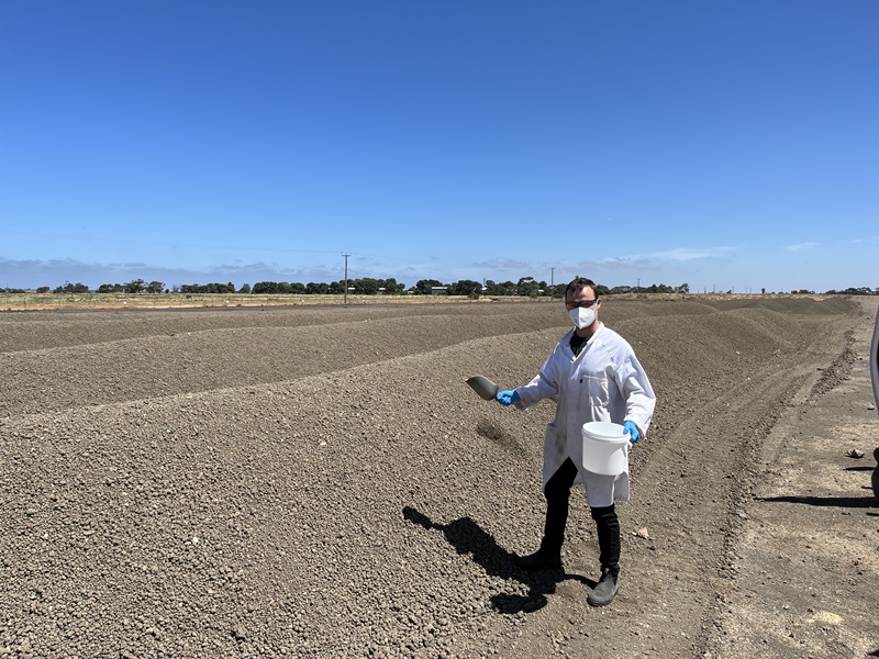 Scientist collecting dried biosolids