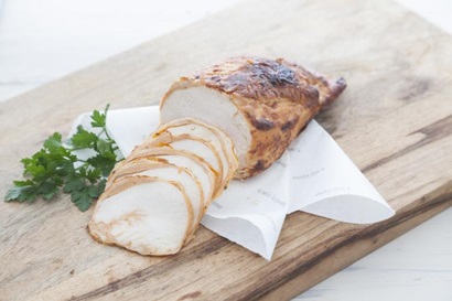 sliced cooked chicken on a chopping board