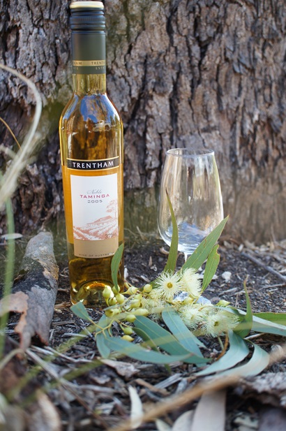A bottle of white wine - Taminga by Trentham - and an empty wine glass, in a bushland setting with gum nuts and blossom.