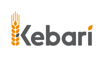 A logo: stylised text spelling 'Kebari', with a grain head image forming part of the K
