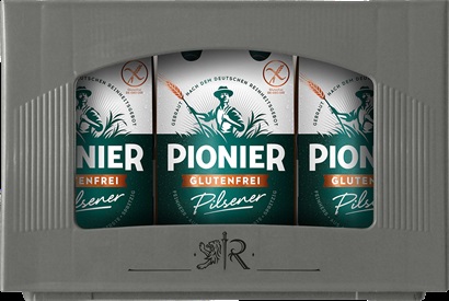 A box containing four-packs of beer, the label features the word 'Pionier', the name of the beer