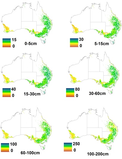 Six maps of Australia showing, each showing soil water holding capacity at different depths, from 0-5cm to 100-200cm in the main agricultural regions