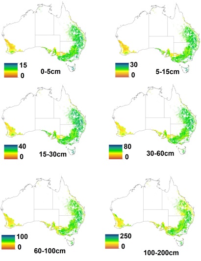 Six maps of Australia showing, each showing soil water holding capacity at different depths, from 0-5cm to 100-200cm in the main agricultural regions