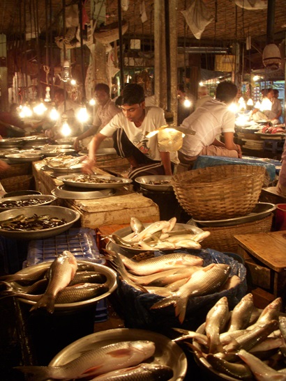 A market at nightime with vendors selling fish from metal bowls on long tables