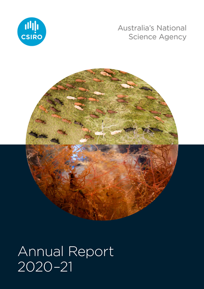 Front cover of the Annual Report showing images of cows in a field and close up of seaweed under a microscope