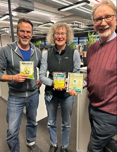 Three people representing the legume engineering team pose together. 