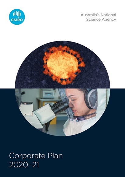 Image of the csiro corporate plan 2020–21. The top image is a close of up the coronavirus; the bottom image is a scientist wearing protective personal equipment and looking into a microscope.