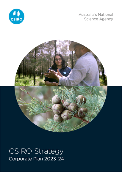 As part of the CSIRO Kick start program, scientist Katherine Locock is photographed with Phil Thompson, Co-Founder of Native Secrets on country in Dubbo Wiradjuri Country discussing the benefits of white cypress as an essential oil. 