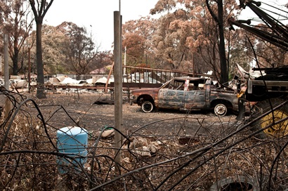 A destroyed property at Kinglake after the Black Saturday bushfires in 2009.