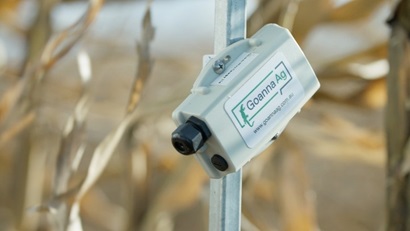 WaterWise monitoring technology mounted in a crop field.