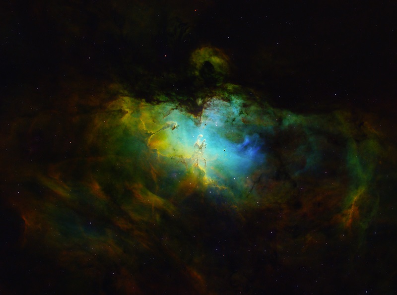 A ball of gas with a glowing centre of yellows and blues