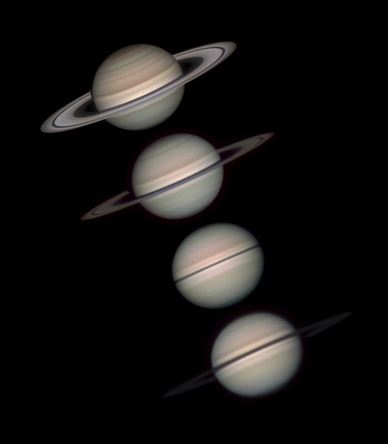 Four images of a planet with rings (Saturn), where the rings progressively disappear from each image.