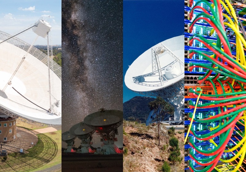 image divided in four vertically. far left slice includes partial view of parabolic dish with tripod and focus cabin, next slice shows night scape with three antennas at bottom of image pointing up towards the milky way, third slice shows a single parabolic dish on rocky ground and far right slice brightly coloured cables plugged into computer ports. 