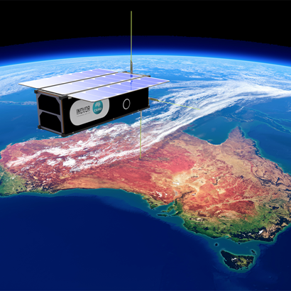 Artist's impression of a small, box-like satelite in orbit over Earth