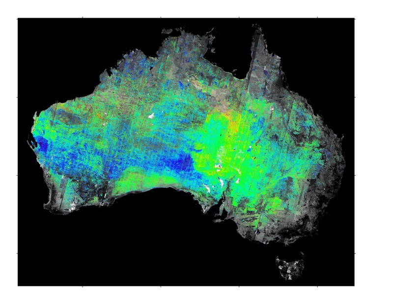 Map of Australia with brightly coloured patches