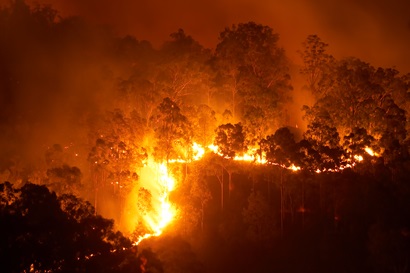 Orange flames of bushfire, as seen at night from above