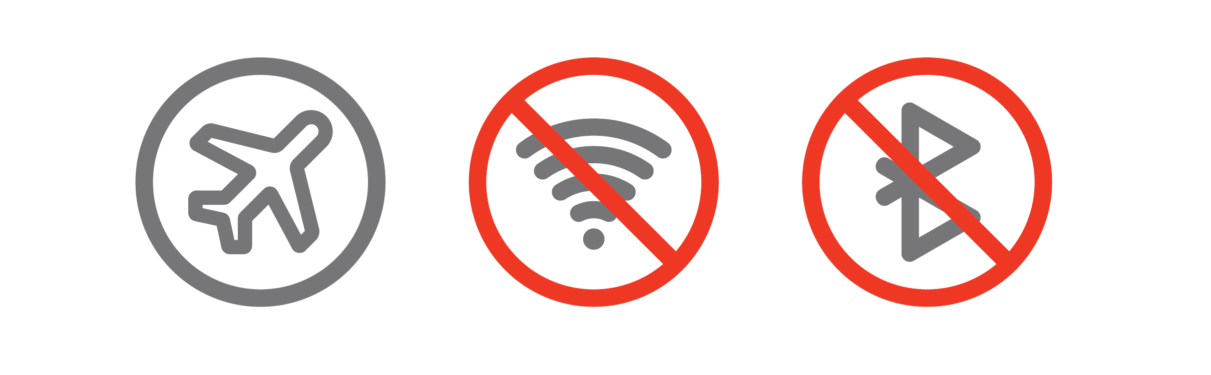 Icons for enabling flight mode, turning off Bluetooth and turning off WiFi