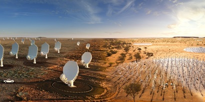 Composite image of the SKA-Low telescope in Western Australia. The image blends a real photo (on the left) of the SKA-Low prototype station, with an artist’s impression of the future SKA-Low stations as they will look when constructed.