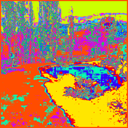 The digital image depicts a burst of bright colours including reds, greens, pink, lime green and yellow. It is not possible to determine the scene that the image has captured.