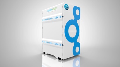 Image shows a rendered version of a white storage box. It is marked with blue circle shapes and has the words CarbonAssist on the side.