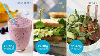 Example meals from the Total Wellbeing Diet online with a graphic detailing their protein content.