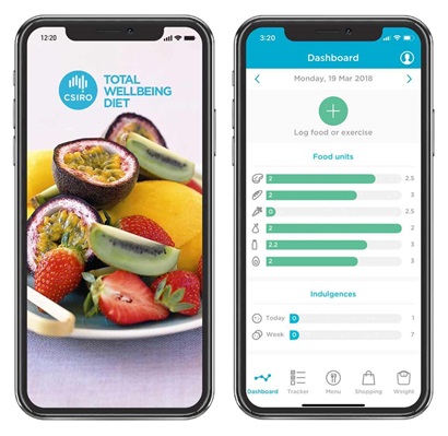 An iPhone display of the Total Wellbeing Diet mobile platform.