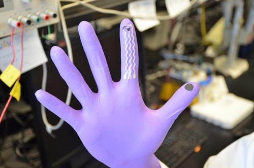 Hand in a purple glove