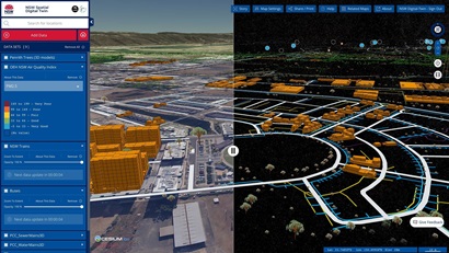 A screenshot of the NSW Spatial Digital Twin displaying a split screen of underground water mains (right) and planned above ground infrastructure