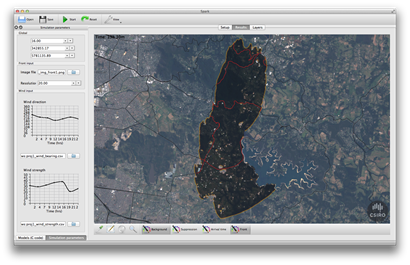 Screenshot of Spark bushfire prediction software showing a map overlay of predicted bushfire spread based on the input of environmental data via the tables on the right hand side.