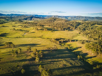 View of grazing land, crops of trees and mountain ranges in the background.