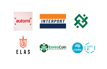 Logos of Automi, Interport Cargo Services, Xiippy, Elas, Envirocoin and CSIRO's Data61