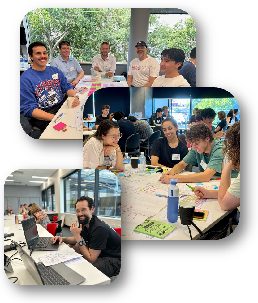 A collage of three photos of groups of students smiling at the camera