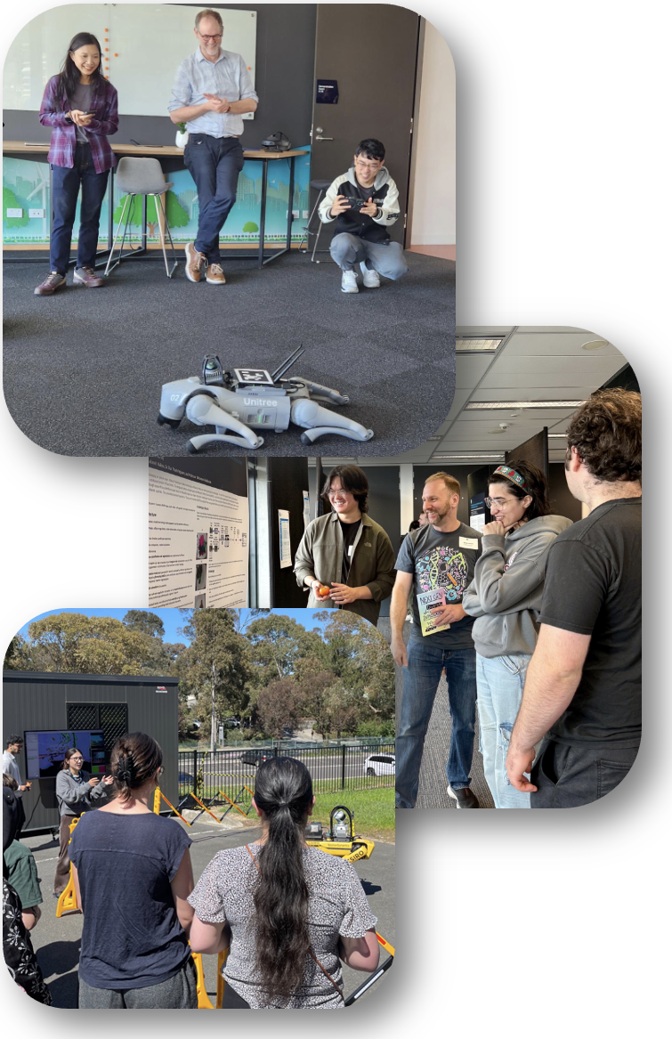 Students watching robotics demo and posters