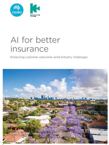 Cover page titled 'AI for better insurance' with the subtitle 'Enhancing customer outcomes amid industry challenges'. Logos of CSIRO and Insurance Council of Australia appear at the top. Below, a photo shows a suburban area with blooming purple jacaranda trees, green foliage, houses, and a city skyline in the background under a partly cloudy sky. The bottom text reads 'CSIRO Australia's National Science Agency'.